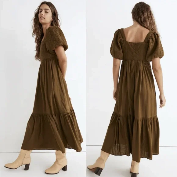 Madewell Tiered Midi Dress Quilted Hemp Blend Olive Green NH112 Size 10 Boho - Picture 4 of 15